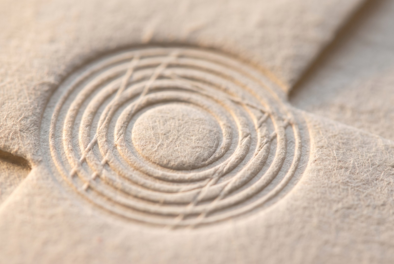 An embossed circular seal pressed into cream paper